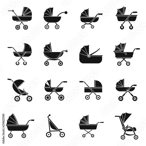 Pram stroller carriage cradle buggy icons set. Simple illustration of 16 pram stroller carriage cradle buggy vector icons for web
