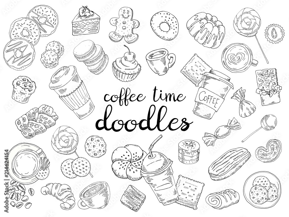 Set of coffee, candy, cakes, buns and biscuits isolated on white background. Hand drawn doodle grahic.