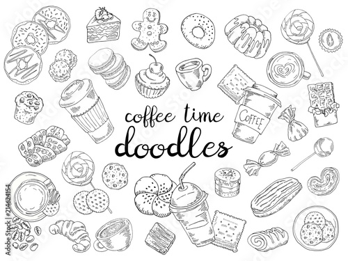 Set of coffee, candy, cakes, buns and biscuits isolated on white background. Hand drawn doodle grahic.