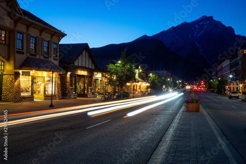 Banff, Alberta, Canada - June 17, 2018: Beautiful view of Banff City during a summer night after sunset.