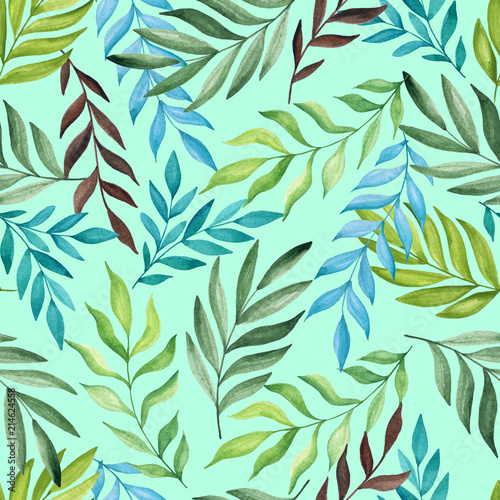 Seamless pattern with tropical leaves. Watercolor hand drawn
