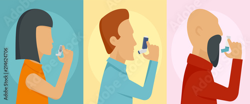 Inhaler breather deep breath health care asthma banner concept set. Flat illustration of 3 inhaler breather deep breath health care asthma vector banner concepts for web