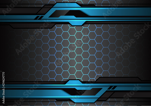 Abstract metallic blue black futuristic polygon line on hexagon mesh pattern design modern technology background vector illustration.