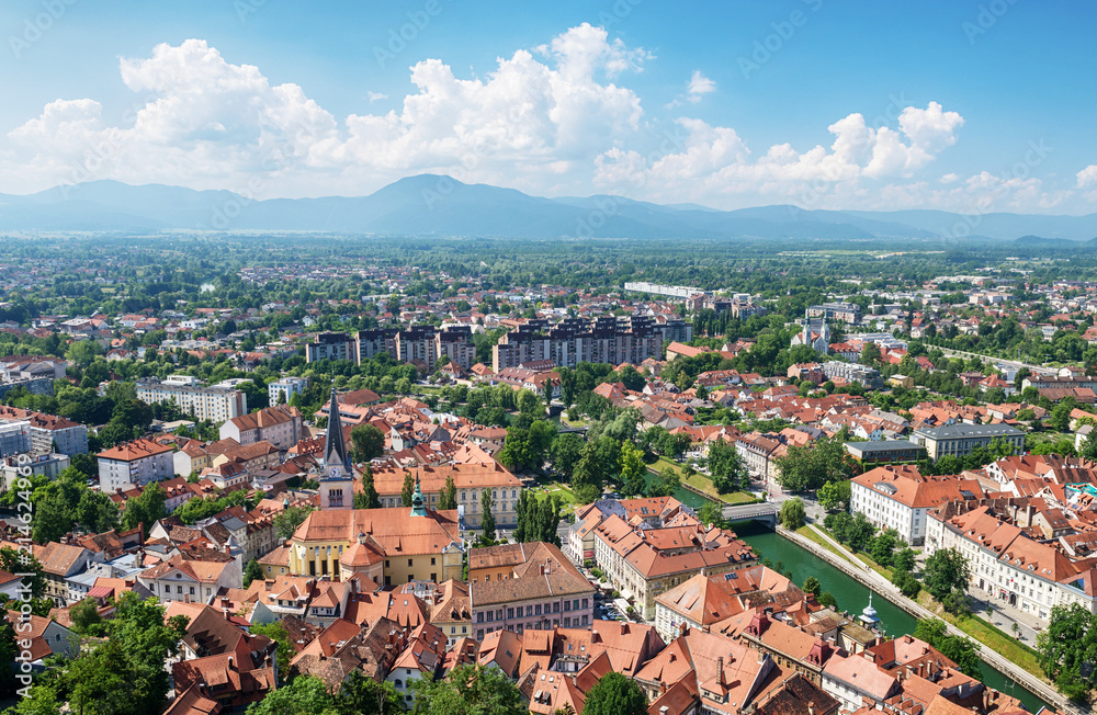 Panoramic view on Ljubljana old town and city from Ljubljana Castle, Slovenia.