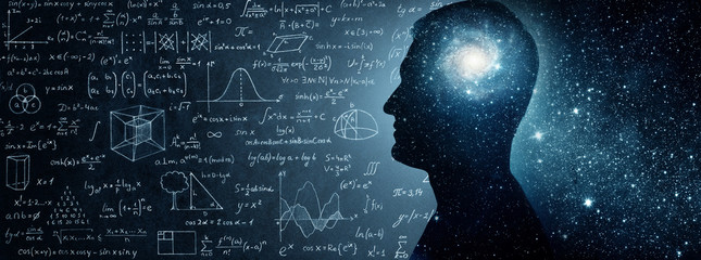 The universe within. Silhouette of a man inside the universe, physical and mathematical formulas.. The concept on scientific and philosophical topics.  Elements of this image furnished by NASA.