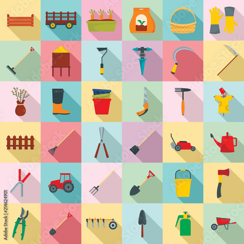 Farming equipment garden icons set. Flat illustration of 25 farming equipment garden vector icons for web