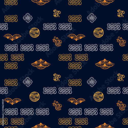 Asian pattern. Kabuki. Japanese doodles. Kabuki theatre elements. Kimono. Asia culture symbols. Oriental ornament. Chinese sketch. Fashion. China. Japan. Singapore. Korea. Vietnam. Fabric design.