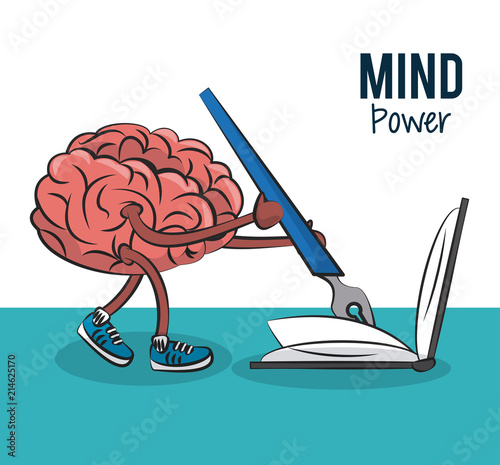 Brain cartoon writing on book vector illustration graphic design
