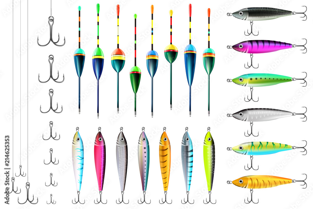 Fototapeta premium Fishing lures, floats, hooks set. Vector collection for catching salmon, catfish, tuna, pike, perch, marlin, bass, trout or tarpon. Underwater wobblers for fisherman.