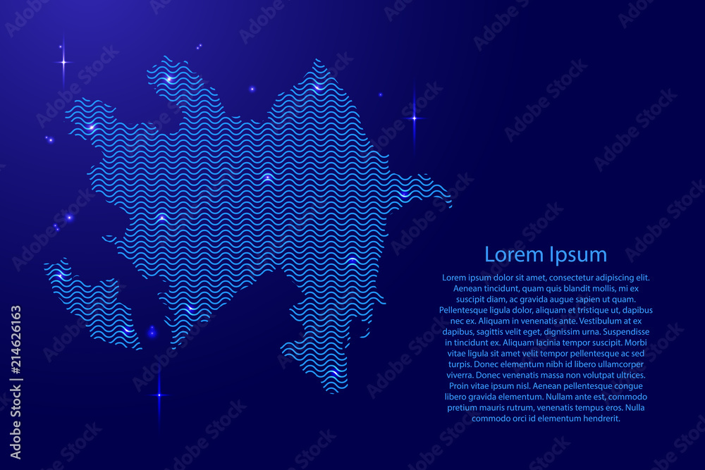 Azerbaijan map country abstract silhouette from wavy blue space sinusoid lines and glowing stars. Contour state of creative luminescence curve. Vector illustration.