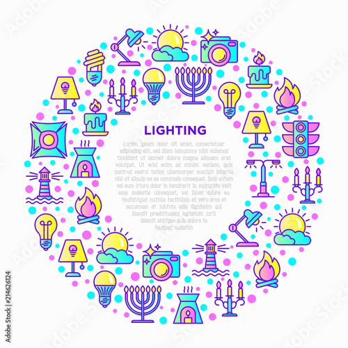 Lighting concept with thin line icons: bulb, LED, CFL, candle, table lamp, sunlight, spotlight, flash, candelabrum, bonfire, menorah, lighthouse. Vector illustration, print media template.