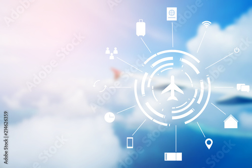 virtual interface of air transportation on blur airplane wing  fly on blue sky background concept