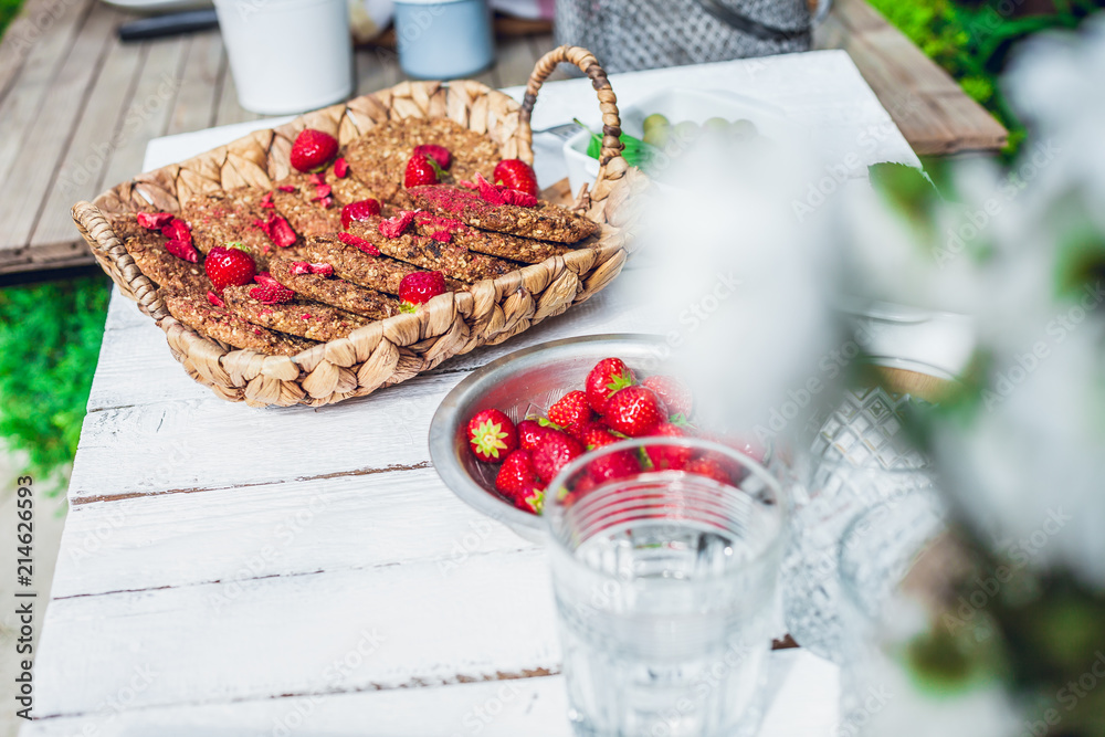 healthy homemade strawberries biscuits from oat flakes laid