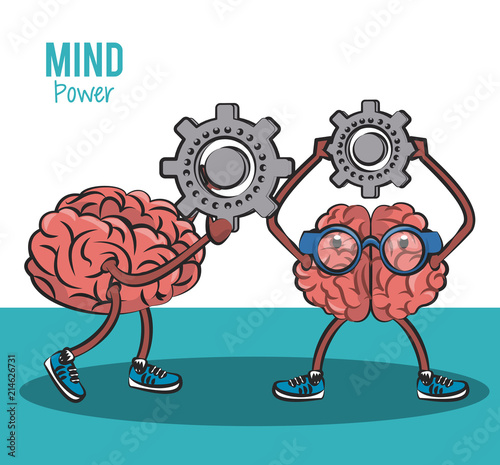 Cute brains cartoons holding a gears vector illustration graphic design
