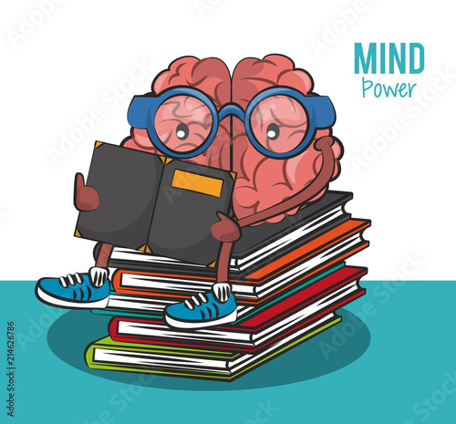 Cute brain cartoon seated on books and reading vector illustration graphic design