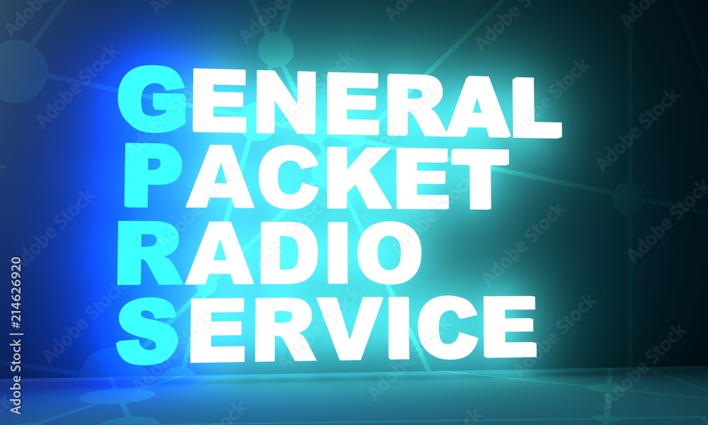 Acronym GPRS - General Packet Radio Service. Technology conceptual image. 3D rendering. Neon bulb illumination