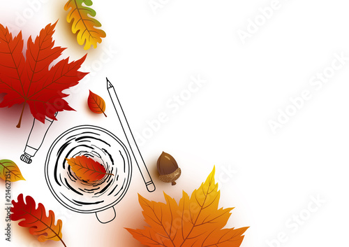 Autumn concept of coffee cup sketch and leaves fall on white background vector illustration