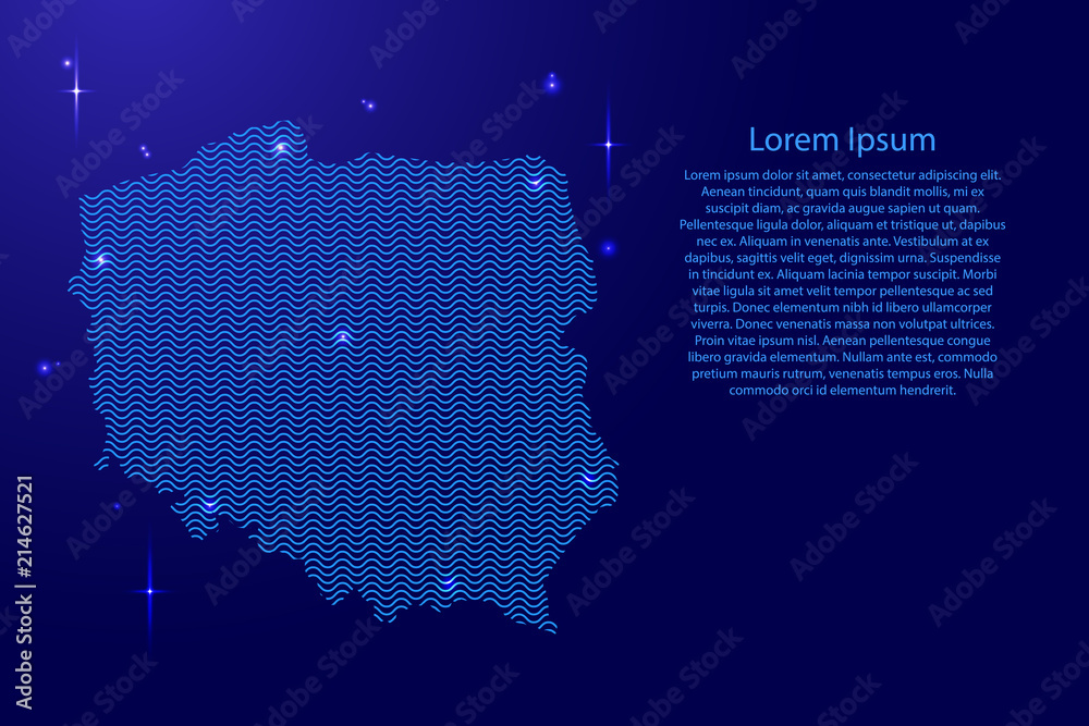 Poland map country abstract silhouette from wavy blue space sinusoid lines and glowing stars. Contour state of creative luminescence curve. Vector illustration.