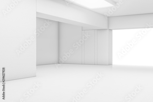 Empty abstract white room with the gate and glowing light. Interior concept background. 3d illustration