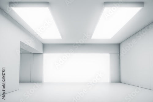 Empty abstract white room with the gate and glowing light. Interior concept background. 3d illustration