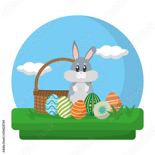 rabbit standing with hamper and eggs easter