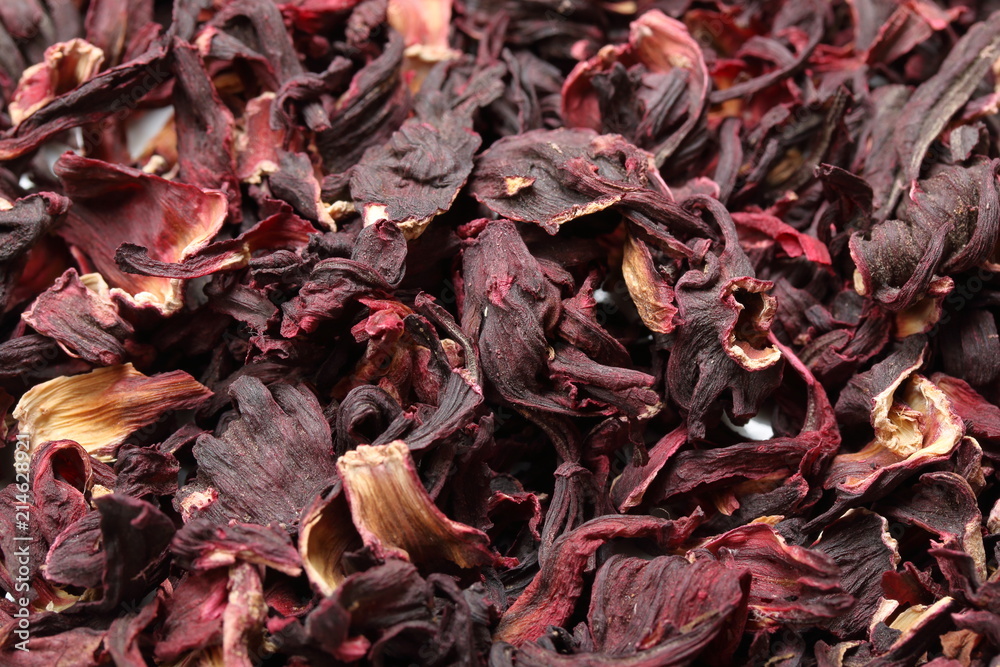 Dry leaves of hibiscus flowers close-up. Hibiscus tea. Directly above
