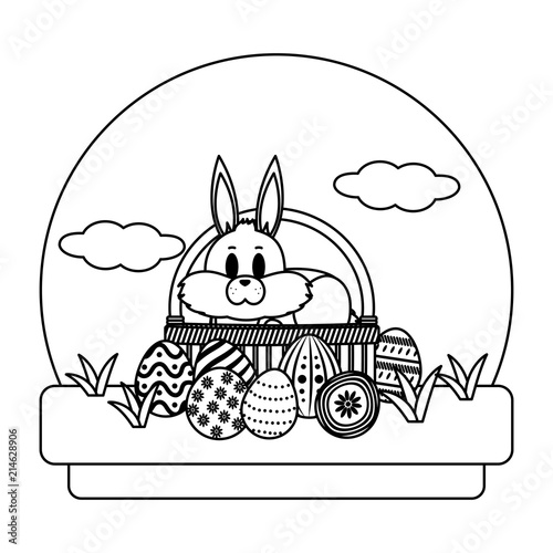 line rabbit inside hamper with eggs easter decoration