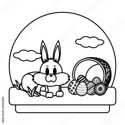 line rabbit lying and hamper with eggs easter
