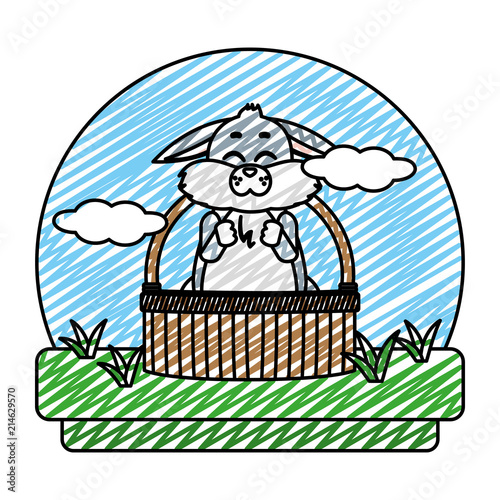 doodle cute rabbit animal inside hamper in the landscape
