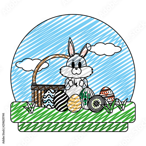 doodle rabbit standing with hamper and eggs easter