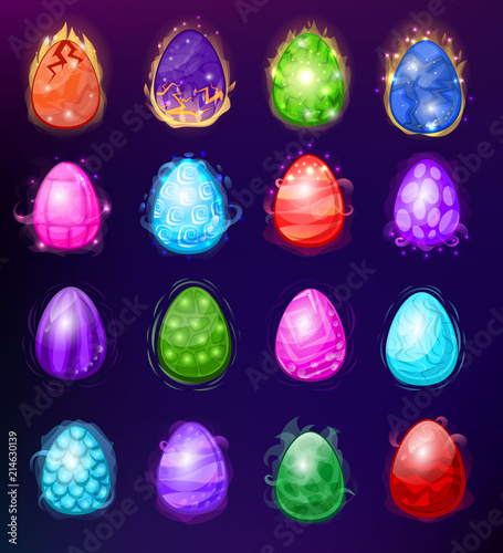 Dragon eggs vector cartoon egg-shell and colorful egg-shaped easter symbol illustration set of fantasy dinosaur egghead isolated on background