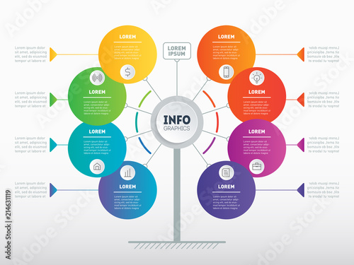 Website template. Business presentation concept with 8 options. Template of service tree, info chart or diagram. Vector infographic of technology or education process with 8 steps.