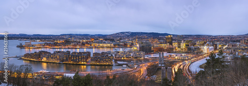 Canvas Print Oslo night aerial view city skyline panorama at business district and Barcode Pr