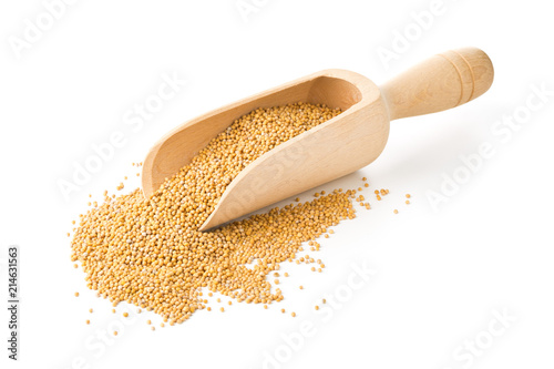 Heap of raw, unprocessed mustard seed kernels in wooden scoop on white