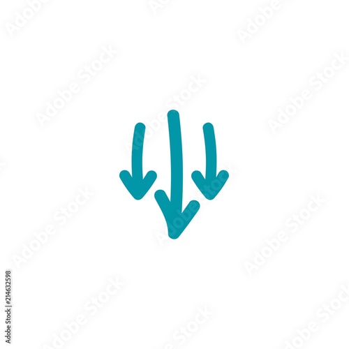 three hand drawn shabby blue arrows down icon. download sign. Fall