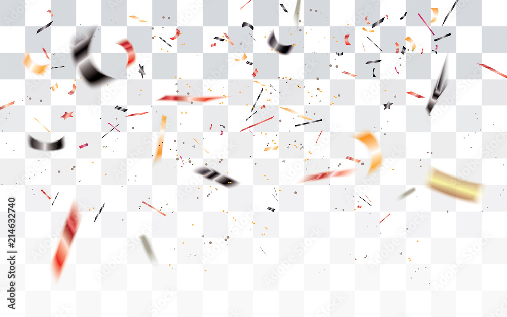 Realistic falling bokeh black,red and orange confetti isolated on