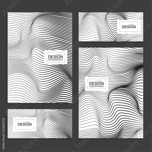 Set of book covers and banners design template with distorted wave monochrome texture. Vector stripe deformation background.