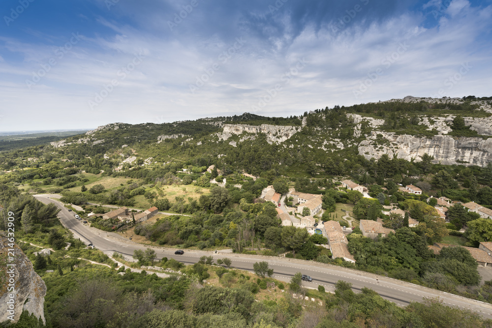 Les Baux-de-Provence, view from the castle ruins on the Alpilles. Bouches du Rhone, Provence, France, Europe.