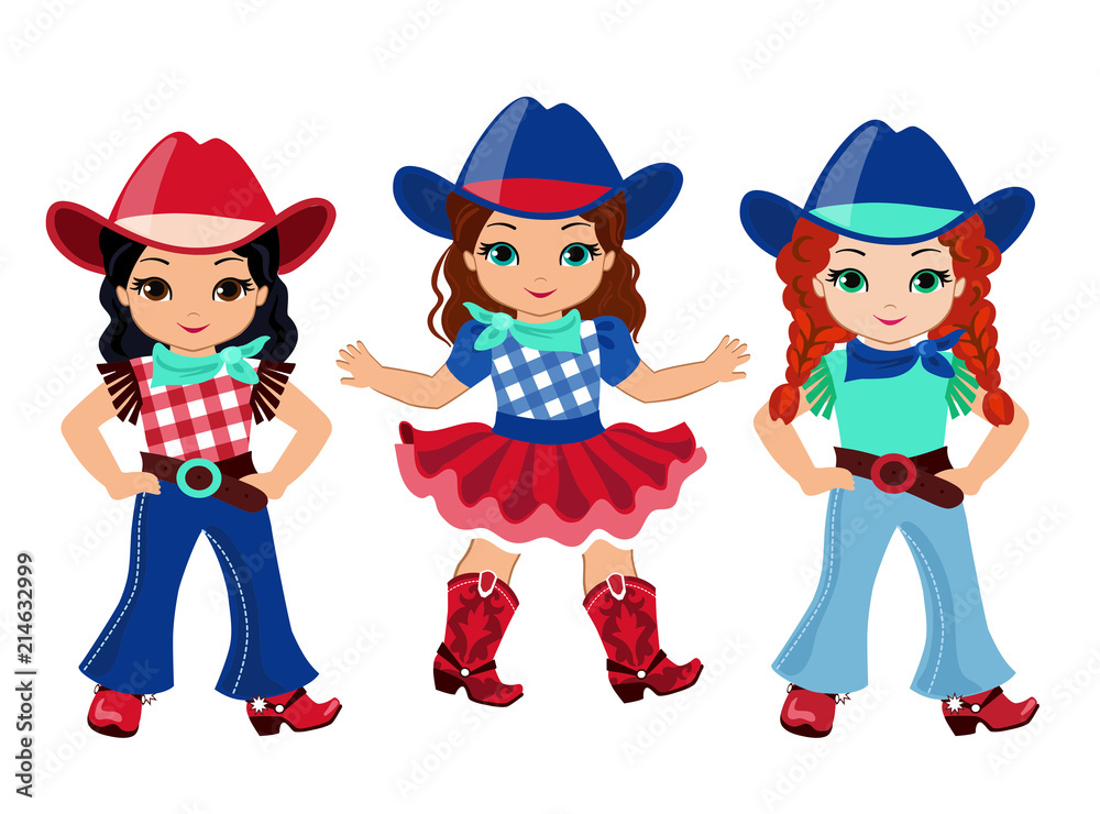 Three girl-friends in a cowboy costume in a red-and-blue color scheme. Three girl-friends in a cowboy costume in a red-and-blue color scheme.
