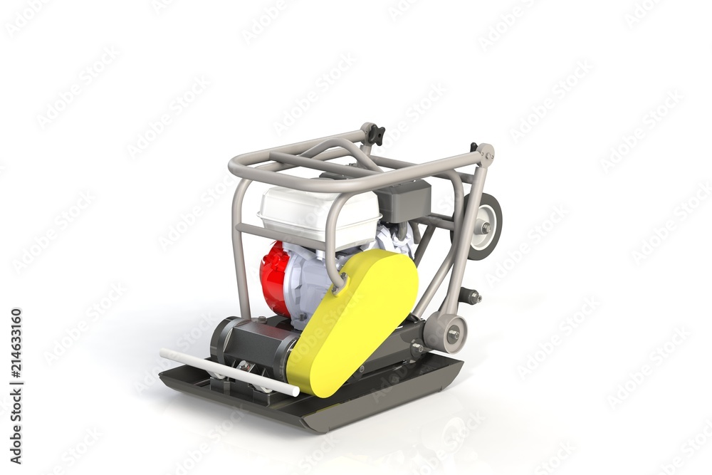 3D modeling of a construction vibration plate with a two-stroke internal combustion engine. 3D modeling of a construction vibration plate with a two-stroke internal combustion engine.