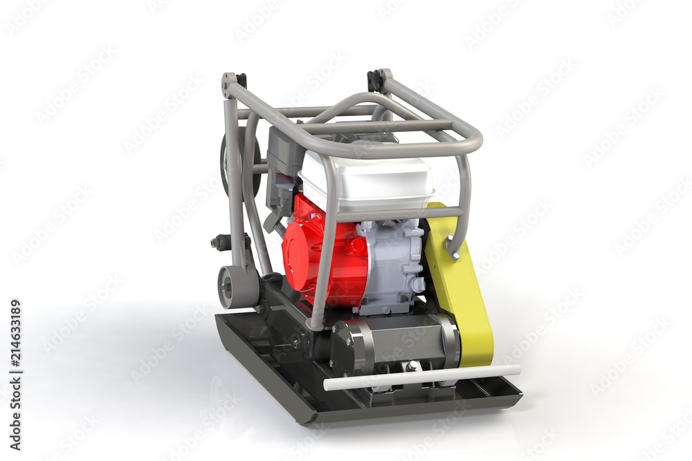 3D modeling of a construction vibration plate with a two-stroke internal combustion engine. 3D modeling of a construction vibration plate with a two-stroke internal combustion engine.