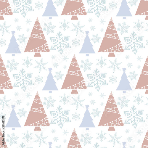 Snowflake winter christmas tree holiday fir-tree design season december snow star celebration ornament vector illustration seamless pattern background. © gnatiuklv