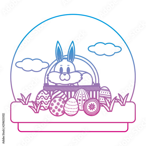 degraded line rabbit inside hamper with eggs easter decoration