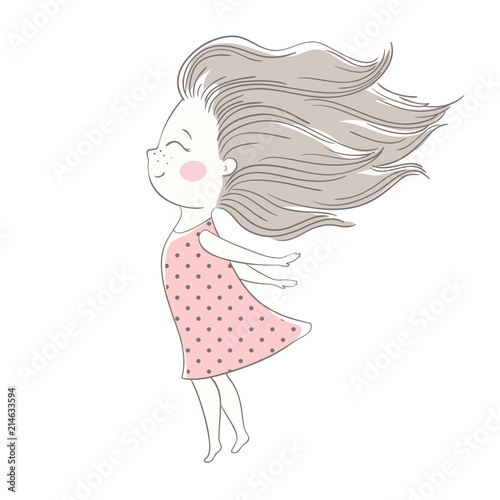 Wind blows hair of cute girl