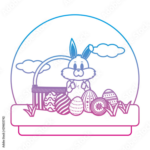 degraded line rabbit standing with hamper and eggs easter