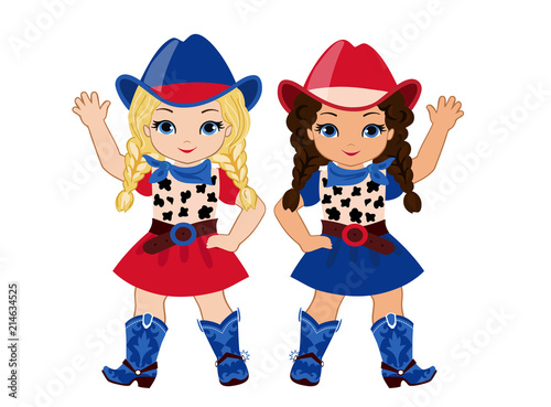 Two girl-friends in a cowboy costume in a red-and-blue color scheme.