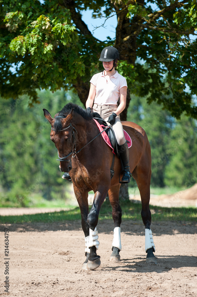 Teenage girl equestrian riding horseback on arena at sport training