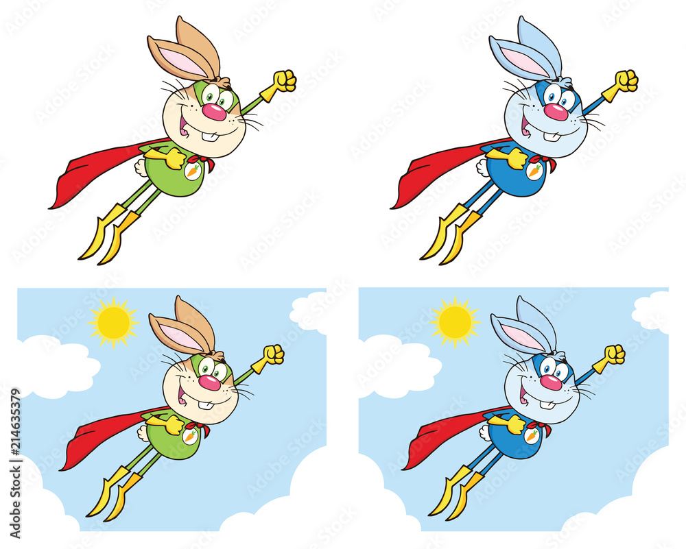 Rabbit Super Hero Cartoon Mascot Character Set 3. Vector Collection Isolated On White Background