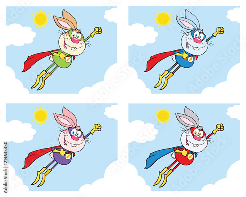 Rabbit Super Hero Cartoon Mascot Character Set 2. Vector Collection Isolated On White Background