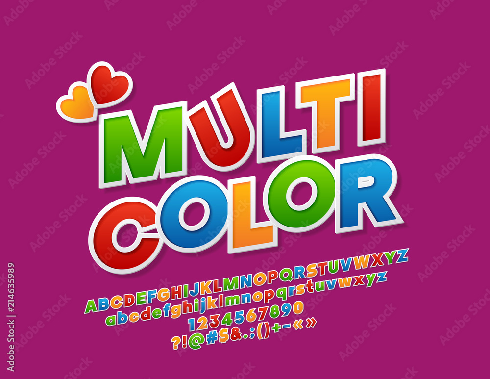 Vector Multicolor Funny Alphabet Letters, Numbers and Symbols. Sticker style bright Font for Children.